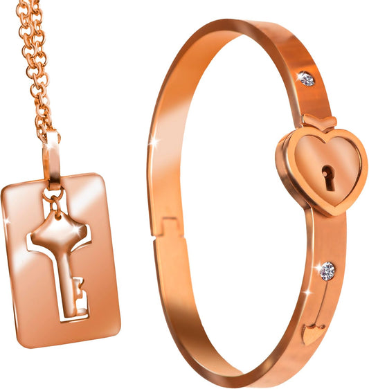 Master Series Rose Gold Tungsten Steel Bracelet Lock and Key Necklace Set - Partner Cuff Locking Cute Jewelry with Rhinestones, Nickel-Free. 2 Piece Set