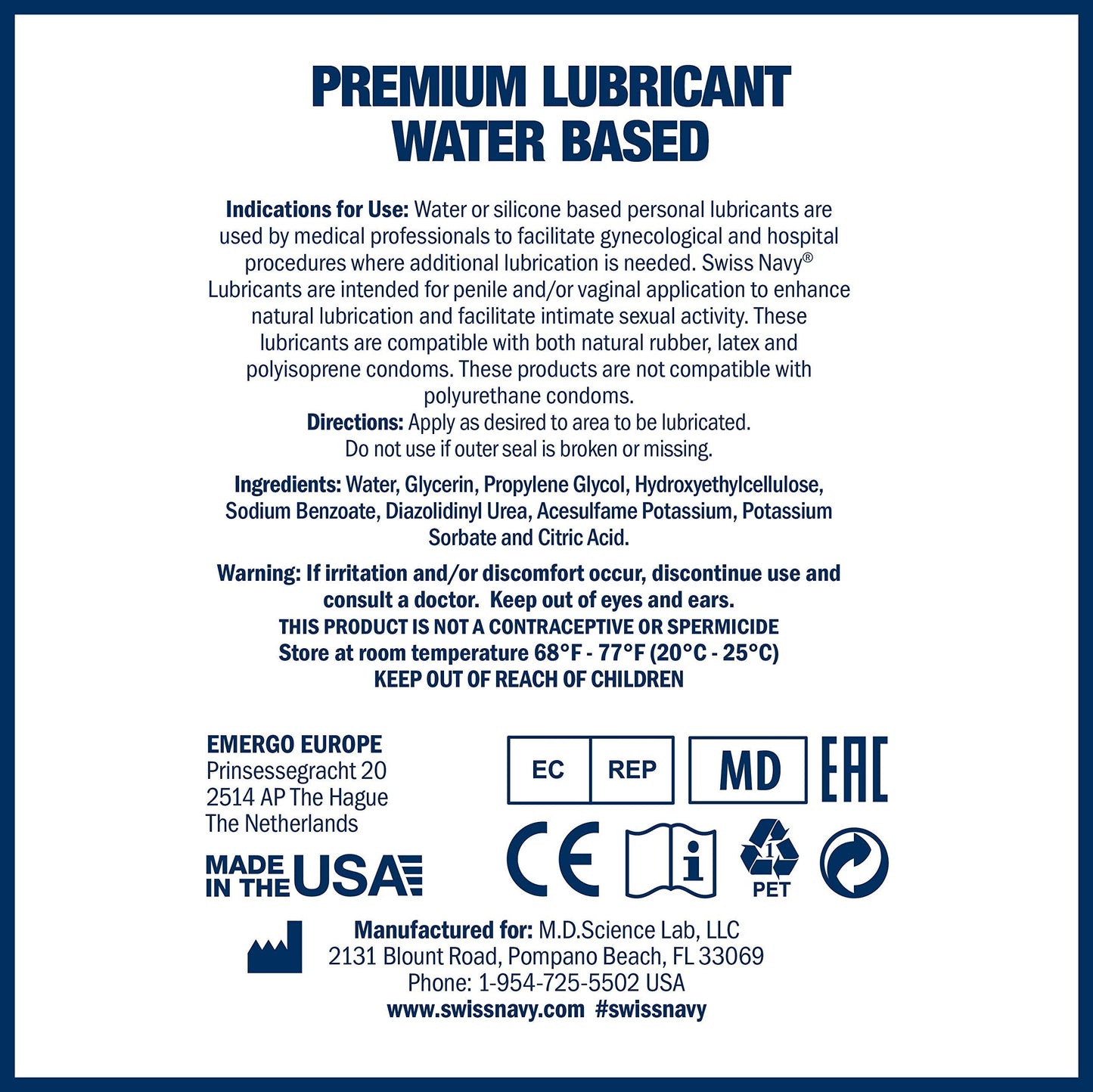 Swiss Navy Premium Water Based Lubricant, 2 oz, MD Science Lab